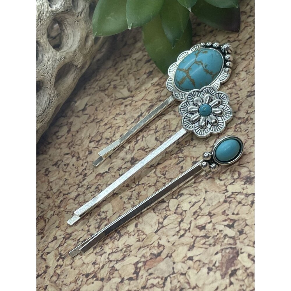 SET 3 Silver Southwest Western Hair pins Clips Turquoise Arrow BLUE bohemian
